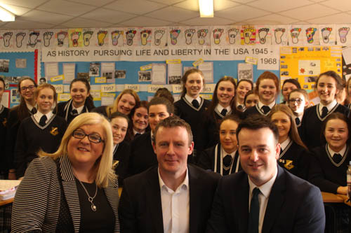 Karen McKevitt, Justin McNulty and Colum Eastwood with pupils from Our Lady's. Karen McKevitt, Justin McNulty and Colum Eastwood with pupils from Our Lady's.