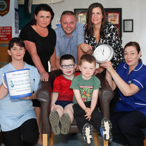 Pictured are Katrina, Edel and Gary with boys Logan Downey and Kal Loughran as they get rested in preparation for the Midnight Walk.  Also in the picture are Maeve Fennell and Michelle McGarry from Southern Area Hospice.