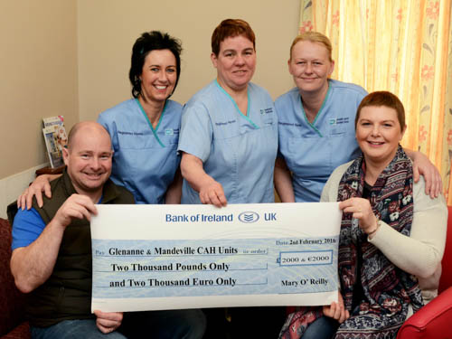 Gerard and Mary O’Reilly with their cheque will looking on are: Annie Trainor, Breast Care Nurse Specialist, Anne Sloan and Fiona Keegan Staff Nurses at the Mandeville & Glenanne Units Craigavon Hospital. Gerard and Mary O’Reilly with their cheque will looking on are: Annie Trainor, Breast Care Nurse Specialist, Anne Sloan and Fiona Keegan Staff Nurses at the Mandeville & Glenanne Units Craigavon Hospital.