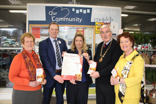 Tesco announce their sponsorship for Newry Drama Festival l-r Eileen Mooney Secretary, Graham Agnew Newry Tesco Store Manager, Shelagh Smyth Community Champion, Gerry McNulty Chairperson, Maureen Grant P.R.O. The 2016 Drama Festival will take place in Warrenpoint Town Hall Friday 11th March until Saturday 19th March nightly at 7.30 pm.