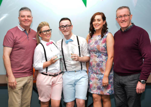 Donna-Marie and Aaron showing off their awards with MLAs Cathal Boylan, Conor Murphy and Megan Fearon. Donna-Marie and Aaron showing off their awards with MLAs Cathal Boylan, Conor Murphy and Megan Fearon.