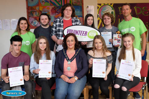 Pictured at the presentation event were back from left: Raquel Rodrigues Keenan (Volunteer Now), Johnny Savage, Oisin Groom, Alice Murphy, Sean Cully, Aidan Mccabe (Volunteer Now) Front: Ryan Stewart, Georgia Bannon, Gillian Fitzpatrick, Chairperson, Newry, Mourne and Down District Council, Abigail Foran, Ciara Taylor. Photograph: Columba O’Hare 