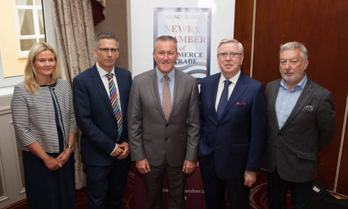 Pictured at the conference were from left: Mary Meehan, CEO of Newry Chamber of Commerce & Trade, Mark Simpson, Conor Murphy MLA, Pat Cox and Tom Kelly.