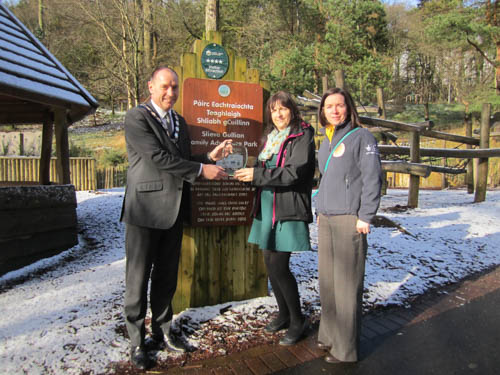 Chairperson of Newry, Mourne and Down District Council, Councillor Mickey Ruane with Michelle Boyle, Tourism Officer and Therese Hamil, ring of Gullion Tourism Officer celebrating Slieve Gullion receiving an award for the Best Outdoor Recreation for Families. Chairperson of Newry, Mourne and Down District Council, Councillor Mickey Ruane with Michelle Boyle, Tourism Officer and Therese Hamil, ring of Gullion Tourism Officer celebrating Slieve Gullion receiving an award for the Best Outdoor Recreation for Families.