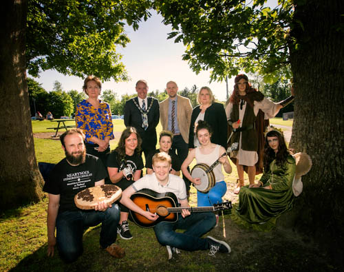 Newry, Mourne and Down District Council Chairperson, Councillor Mickey Ruane launching the new Giants Adventures alongside Marie Ward, Director of Enterprise, Regeneration and Tourism, Victor Eteve as Finn McCool, (L-R Front) Shane Neary, Stoneground Chocolate, Jolene O'Kane and Ciara McGreevy from Mourne Mountain Brewery, Oisin McCann and Aislinn Fegan, local musicians and Deimante Zilinskaite as the Fairy queen.
