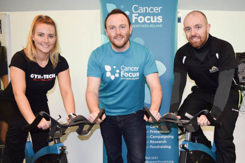 Gym-Tech Newry Trainers Carla King and Gary Mallon pictured with Cancer Focus NI Community Fundraiser, Eoin Treanor at the launch of Focus Fit Newry this week. Gym-Tech Newry Trainers Carla King and Gary Mallon pictured with Cancer Focus NI Community Fundraiser, Eoin Treanor at the launch of Focus Fit Newry this week.