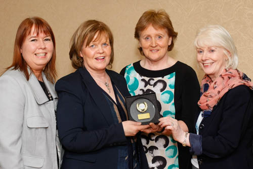 Milestone Rathfriland took second place in the 2015 Hospice Accumulator Challenge and  Ann McEvoy, Milestone, second from left, is pictured receiving the award at a function in the Southern Area Hospice. Included from left are Majella Gollogly, Fundraising Manager, Southern Area Hospice;  Eleanor McKernan, PWC, Sponsors and Ann Cooney, Chief Executive, Southern Area Hospice. Photograph: Columba O'Hare