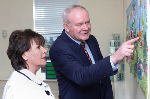 Deputy First Minister Martin McGuinness MLA looks over some wall art in the family room at the Southern Area Hospice with Community Liaison Sister, Southern Area Hospice. Photograph: Columba O'Hare Deputy First Minister Martin McGuinness MLA looks over some wall art in the family room at the Southern Area Hospice with Community Liaison Sister, Southern Area Hospice. Photograph: Columba O'Hare