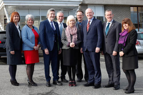 Hospice personnel welcoming Deputy First Minister Martin McGuinness to the Southern Area Hospice. From left: Majella Gollogly, Fundraising; Carmel Campbell, Nursing Director; Mickey Brady MP; Hugh Curran, Chairperson, Board of Directors; Ann Cooney, Chief Executive; Paddy Loughrin, Vice Chairperson, Board of Directors; Martin McGuinness, Deputy First Minister; Conor Murphy MLA and Bernadette McGuinness, Admin. Photograph: Columba O'Hare Hospice personnel welcoming Deputy First Minister Martin McGuinness to the Southern Area Hospice. From left: Majella Gollogly, Fundraising; Carmel Campbell, Nursing Director; Mickey Brady MP; Hugh Curran, Chairperson, Board of Directors; Ann Cooney, Chief Executive; Paddy Loughrin, Vice Chairperson, Board of Directors; Martin McGuinness, Deputy First Minister; Conor Murphy MLA and Bernadette McGuinness, Admin. Photograph: Columba O'Hare