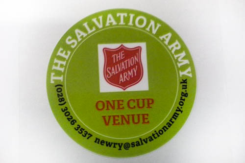 The Salvation Army's One Cup campaign. Look for this sticker in participating outlets.