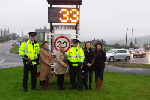 Pictured at at St Joseph’s Primary School in Meigh are: Constable Des O’Sullivan,  Principal of St Jospeh’s Primary school,  Isobel Temple, Vice-Principal of St Joseph’s Primary School, Una McNally, Constable Mark McGarrity, Sinn Fein MLA Megan Fearon  and Sinn Fein Councillor Liz Kimmons SF Councillor.