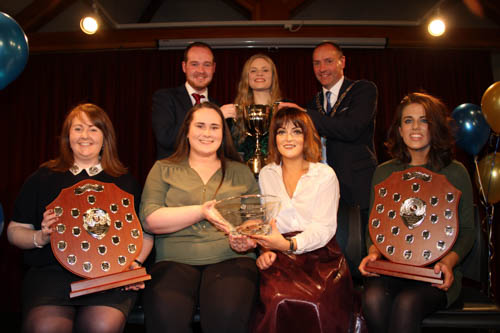 Newry, Mourne and Down District Council Chairperson, Councillor Mickey Ruane welcomed Taylor Murnin, who stood in and performed when a member of the group was ill, along with (back row) Gareth McGreevy, Catherine McGrath (front row l-r) Angela McGreevy, County Champion Taylor Murnin, Graínne Laverty and Katelyn Rose Denvir. 