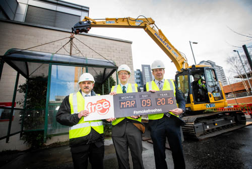 Public Health Agency (PHA) Chief Executive Dr Eddie Rooney, Southern Health & Social Care Trust (SHSCT) Medical Director Dr Richard Wright & Chief Medical Officer Dr Michael McBride who marked the occasion by demolishing a smoking shelter at the Northern Ireland Cancer Centre, which will be replaced by a bike shelter. Public Health Agency (PHA) Chief Executive Dr Eddie Rooney, Southern Health & Social Care Trust (SHSCT) Medical Director Dr Richard Wright & Chief Medical Officer Dr Michael McBride who marked the occasion by demolishing a smoking shelter at the Northern Ireland Cancer Centre, which will be replaced by a bike shelter.