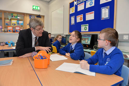 Education Minister John O'Dowd chats to two of the pupils at the new St Clare's Abbey Primary School in Newry. Photograph: Aaron McCracken/Harrisons Education Minister John O'Dowd chats to two of the pupils at the new St Clare's Abbey Primary School in Newry. Photograph: Aaron McCracken/Harrisons