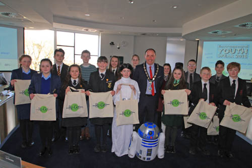 Newry, Mourne and Down District Council Chairperson, Councillor Mickey Ruane with pupils who attended the annual 'Environmental Youth Speak' Competition Newry, Mourne and Down District Council Chairperson, Councillor Mickey Ruane with pupils who attended the annual 'Environmental Youth Speak' Competition