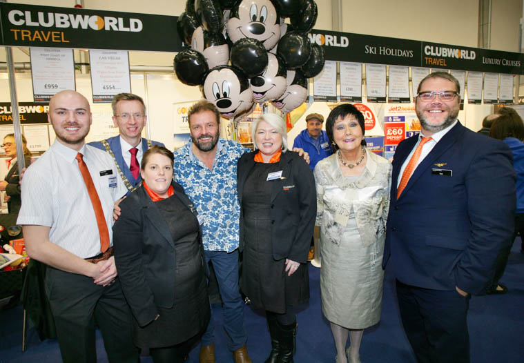 Pictured at the 25th Holiday World Show in Titanic Exhibition Centre, Belfast, on Clubworld Travel’s Honeymoon & Wedding Destinations Pavilion stand, are (l-r) Liam Byers-McArdle; Lord Mayor of Belfast, Ald Brian Kingston; Lyndsey Riddell; TV celebrity Martin Roberts; Karen Lavery; show organiser Maureen Ledwith; and Neil Darch from Clubworld Travel, Newry.  