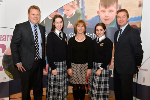 Our Lady’s pupils Annie Smyth and Eve Dunford pictured at an informal reception at Stormont to mark their achievement in reaching the finals of the BT Young Scientist competition. The girls are pictured with Mrs Smyth, junior education minister Alistair Ross and Peter Morris from BT.