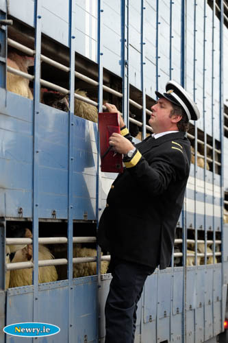 A 'Customs Officer' counting Sheep at the border protest. Photograph: Columba O'Hare