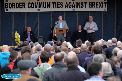 Conor Patterson, Newry and Mourne Enterprise Agency speaking at the protest. Photograph: Columba O'Hare
