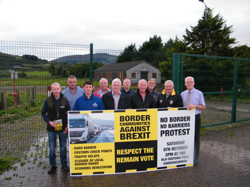 Local business owners, community groups and farmers from both sides of the border at the Old Customs Post at Carrickcarnon where they are calling for people to assemble on Saturday, October 8 to voice their opposition to Brexit and the return of a hard border. 