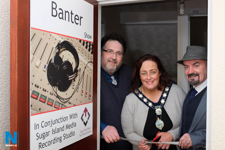 Opening the new Banter Show Recording Studio in conjunction with Sugar Island Media were from left: Keven Sands, Cllr Gillian Fitzpatrick, Chairperson, Newry, Mourne and Down Council and Tony (Riser) Smith. Photograph: Columba O'Hare