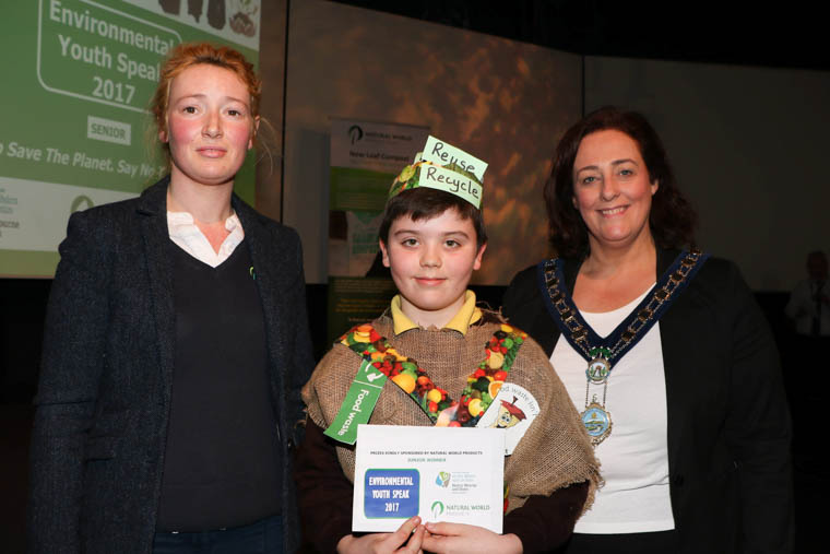 Matthew Magee, pupil at St Malachy's Primary School, Camlough won the Junior Section of the Environmental Youth Speak 2017 taking place in St Patrick's Centre, Downpatrick. Matthew receives his prize from Celine Rice, Natural World Products and Chairperson Newry, Mourne and Down District Council, Councillor Gillian Fitzpatrick.