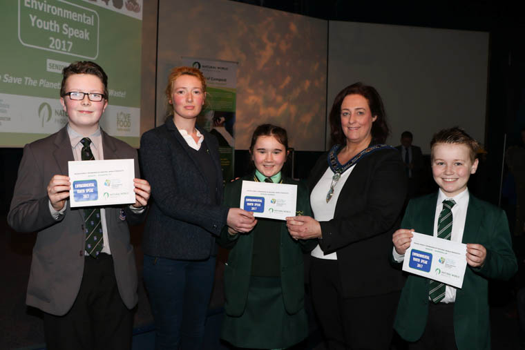 Winners of the Senior Section of Environmental Youth Speak 2017 left to right 2nd Ruairdhri Linden St Louis Grammar School Kilkeel, Celine Rice Natural World Products (Sponsor), Winner Mia Comer Sacred Heart Grammar School Newry, Chairperson Newry, Mourne and Down District Council, Councillor Gillian Fitzpatrick and 3rd Niall Rice St Malachy's High School Castlewellan.