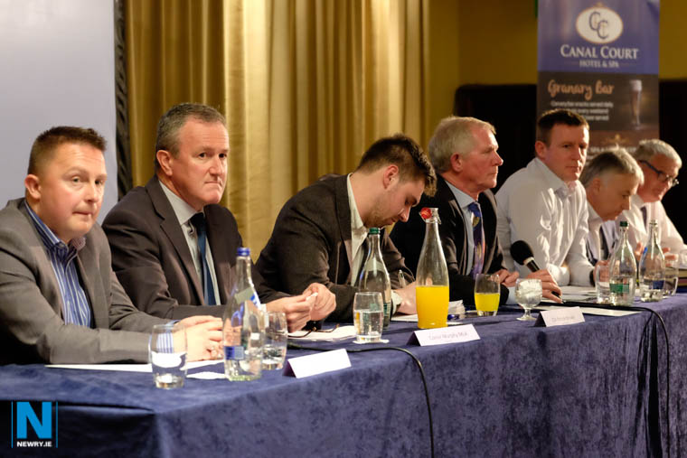 The panel at the Save our Emergency Department meeting in Newry. From left: Cllr David Taylor, Conor Murphy, MLA; Cllr Patrick Brown, Brendan Curran, Chair; Justin McNulty, MLA; Francis Gallagher, Daisy Hill Action Group and Jim Wells, MLA. Photograph: Columba O'Hare