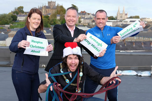 Pictured getting ready for the big event are Lord Mayor of ABC Council, Garath Keating; Anne Mac Oscar of Southern Area Hospice; Barry Donaghy, General Manager of Armagh City Hotel and Tommy Stevenson of Andy Ward Health and Fitness Studios at Armagh City Hotel.