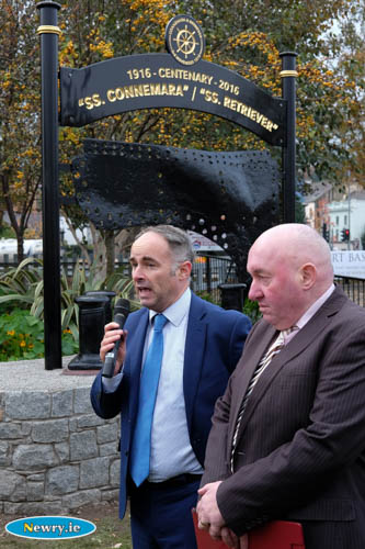 Alex Easton speaking at the Newry Maritime Association's Connemara Retreiver Centenary event. Alex unfurled a memorial on the 100th anniversary of the tragedy in Carlingford Lough.  Alex's Great Great Grandfather Robert Glenny owned the Clanrye Shipping Company who owned SS Retriever. Looking on is James McArevey, Newry Maritime Association. Photograph: Columba O'Hare