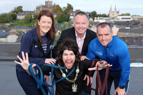  It looks like Garath Keating, Lord Mayor, Armagh City, Banbridge & Craigavon Borough Council has just been nominated as the first one over the edge on the Southern Area Hospice Christmas Abseil. Pictured giving moral support are fellow participants from left: Anne Mac Oscar, Southern Area Hospice; Barry Donaghy, General Manager, Armagh City Hotel and Tommy Stevenson, Andy Ward Health and Fitness Studio. The Abseil takes place at the Armagh City Hotel on Sunday 4th December. Register to take part online at www.eventbrite.co.uk or ring the Hospice Fundraising Office on 028 30251333. Photo: Columba O’Hare.
