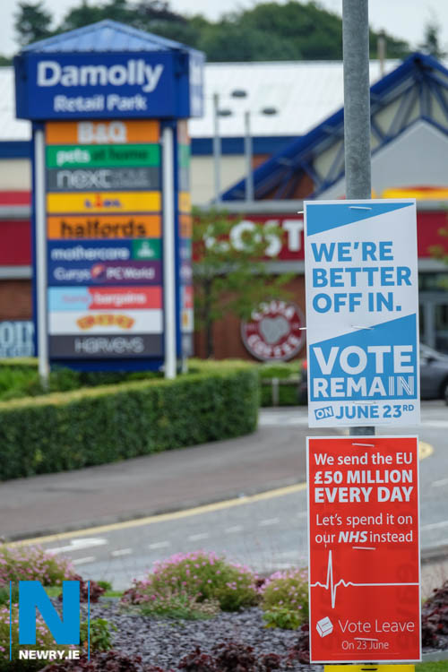 Posters from the Brexit Referendum at Damolly Retail Park. Photograph: Columba O'Hare