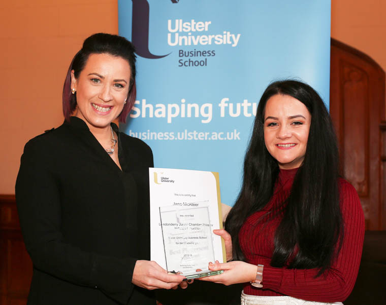 ane McAteer (right) is pictured receiving her award from Catriona Donnelly, Londonderry Junior Chamber of Commerce.