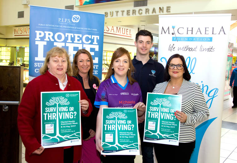 Mary Burns (Samaritans); Rachel Carr The Studio Zumba Fitness, Janine Diamond Michaela Foundation, Shane Murphy PIPS Lorna Loughran, Buttercrane Centre Management launching Mental Health Awareness week activities in Buttercrane Shopping Centre Newry 11-14th May.