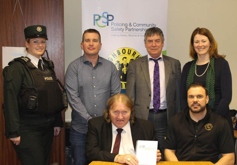 Pictured at the launch are from left: Sgt Kelly Gibson, PSNI,  Inspector Nigel Henry, PSNI, Cllr Brian Quinn Chairperson of PCSP; Owen McDonnell, Housing Executive South Down Area Manager; Shane Fay, Elite Security (Community Safety Warden Team) and Siobhan Fearon PCSP Manager, Newry Mourne and Down.