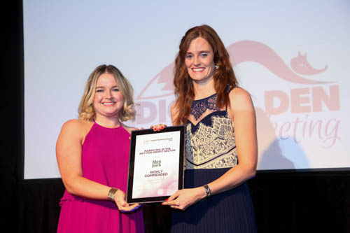Denise, right, receives her CIM award from  Aisling Graham, Boy Park. Photograph: Brian Thompson Photography