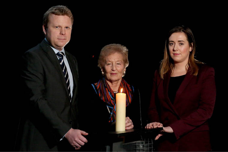 Megan Fearon pictured with Junior Minister Ross & Auschwitz survivor Mindu Hornick