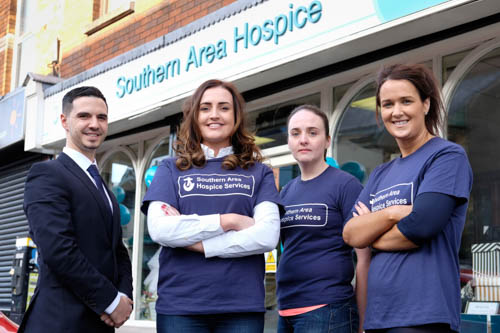 Newry Junior Chamber Staff at the Southern Area Hospice Shop in Newry on Saturday for the Hospice Apprentice Shops Challenge. From left: Sean Brady, Autoline; Trish Heaney, Social Media Marketing, Team Leader; Kathleen Bellew, CD Environmental and Lisa Doran, Bank of Ireland. Photograph: Columba O'Hare