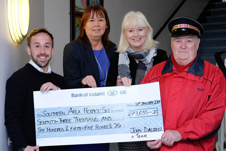 John, right with James McCaffrey, Regional Marketing Officer Southern Area Hospice Services; Majella Gollogly, Fundraising Manager SAHS and Mrs Ann Cooney, Chief Executive SAHS. Photograph: Columba O’Hare