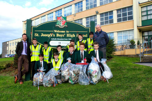 Some of the year 9 pupils involved in on-going environmental projects at St Joseph’s with Mr Citizenship coordinator Brendan Fearon, left and Mr Patrick McShane of the NMDCC, right
