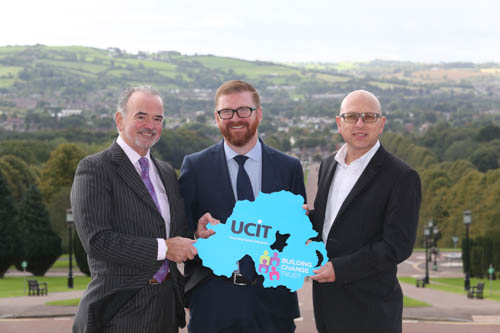 Pictured with the Economy Minister, Simon Hamilton, are Harry McDaid, CEO of UCIT and Nigel McKinney, BCT’s Director of Operations  Photograph: Andrew Paton/Press Eye.com