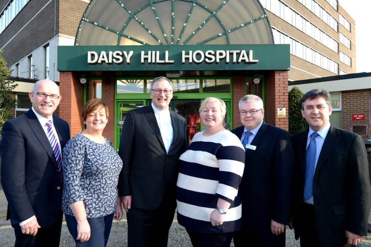 Welcoming the Presbyterian Moderator to Daisy Hill Hospital are John Wilkinson, Non Executive Director for the Southern Health and Social Care Trust, Maggie Markey, Lead Nurse, Very Reverend Doctor Frank Sellar, Edel Corr, Patient Support Manager, Reverend Keith McIntyre, Hospital Chaplain and Ronan Carroll, Assistant Director of Acute Services.