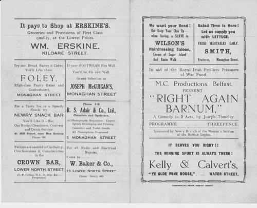 The programme for the Play Right Again Barnum staged in Newry in the 1940's with renowned Comedian James Young on the cast.