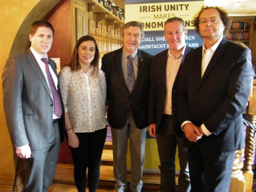 Professor Hubner with MLAs Conor Murphy and Megan Fearon, MP Mickey Brady and MEP Matt Carthy 