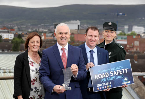 2016 NI Road Safety awards launch: L-R: Joan Kinnaird, Chair of Road Safe NI, Frank Mitchell, Tony McKeown, Sales and Marketing Director of CRASH Services  and Inspector Rosie Leech of the PSNI