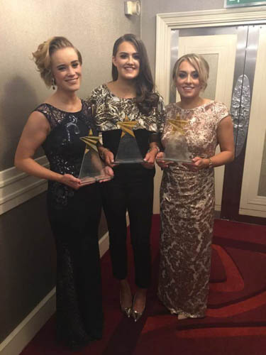Shauna Grey, Aimee Mackin and Aoife McCoy pictured with their Gaelic Life All-Star awards