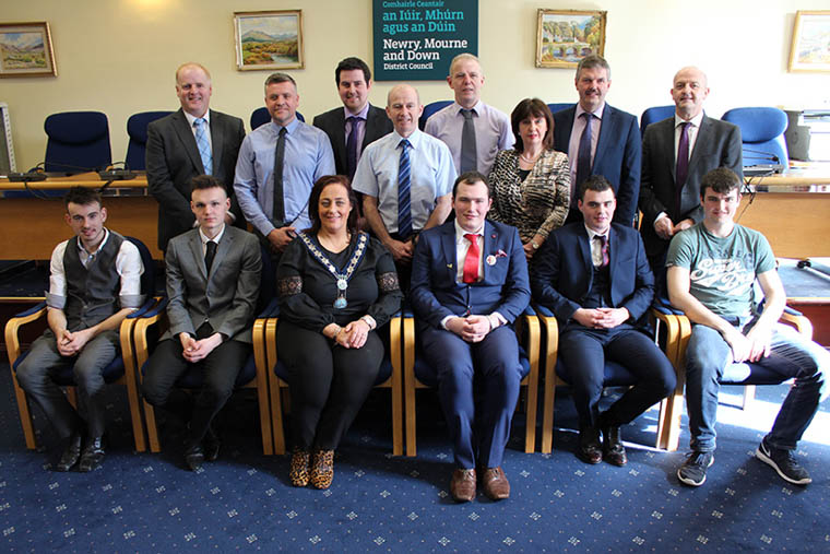 Pictured at the Council presentation were (back row L-R): Lindsay Bronte, Head of School, SRC; Paul Doran, Lecturer, Andrew Barrett, Lecturer; William McConnell, Lecturer; Paddy Maguire, Lecturer; Maggie Grant, Assistant Director SRC; John Muckian, Deputy Head of School, SRC; Raymond Sloan, Director SRC.  (Front Row L-R): Gavin Rice; Armondas Tamulis; Ms Gillian Fitzpatrick, Chairperson of NMD Council; Jordan Jeffers; Kieran Magee; Richard Shannon.