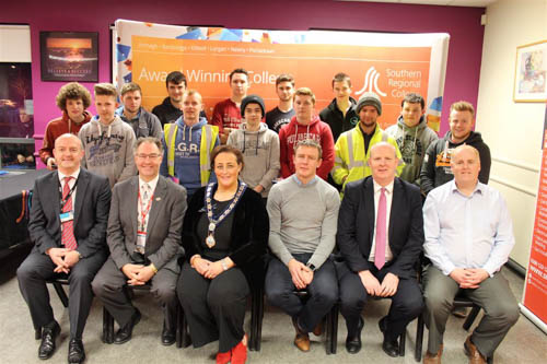 Raymond Sloan SRC Director of Client Services, David Cooper CITB, Gillian Fitzpatrick Chairwoman Newry, Mourne and Down Council, Justin McNulty Newry and Armagh MLA, Brian Doran SRC Chief Executive, Lindsay Bronte SRC Head of School Engineering and Construction along with the overall winners at the recent SkillBuild Competition  