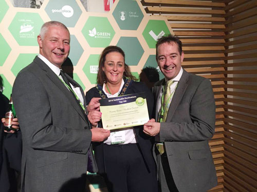 Newry, Mourne and Down District Council Chairperson, Councillor Gillian Fitzpatrick accepts the  Top 100 Sustainable Destination 2016 Award on behalf of County Down, alongside Robert Burgess, Chairman of Enterprise Regeneration and Tourism Committee and Mark Mohan, Newry, Mourne and Down District Council Senior Tourism Initiatives Manager.