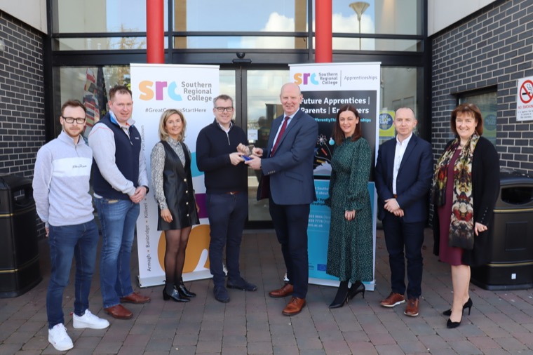 Pictured are from left: Martin Magill HLA Digital Construction Apprentice with McGuinness Plumbing, Brian Smith Senior Contracts Manager McGuinness Plumbing Manager, Michelle Mc Kevitt Business Development Manager MGP, Thomas McGuinness Managing Director of McGuinness Plumbing, Brian Doran Chef Executive of Southern Regional College, Tracy Rice Head of Business Engagement at SRC, Gary Mackin Head of Faculty for Building Technology and Engineering and Michelle Billham, Business Development Executive at SRC. 